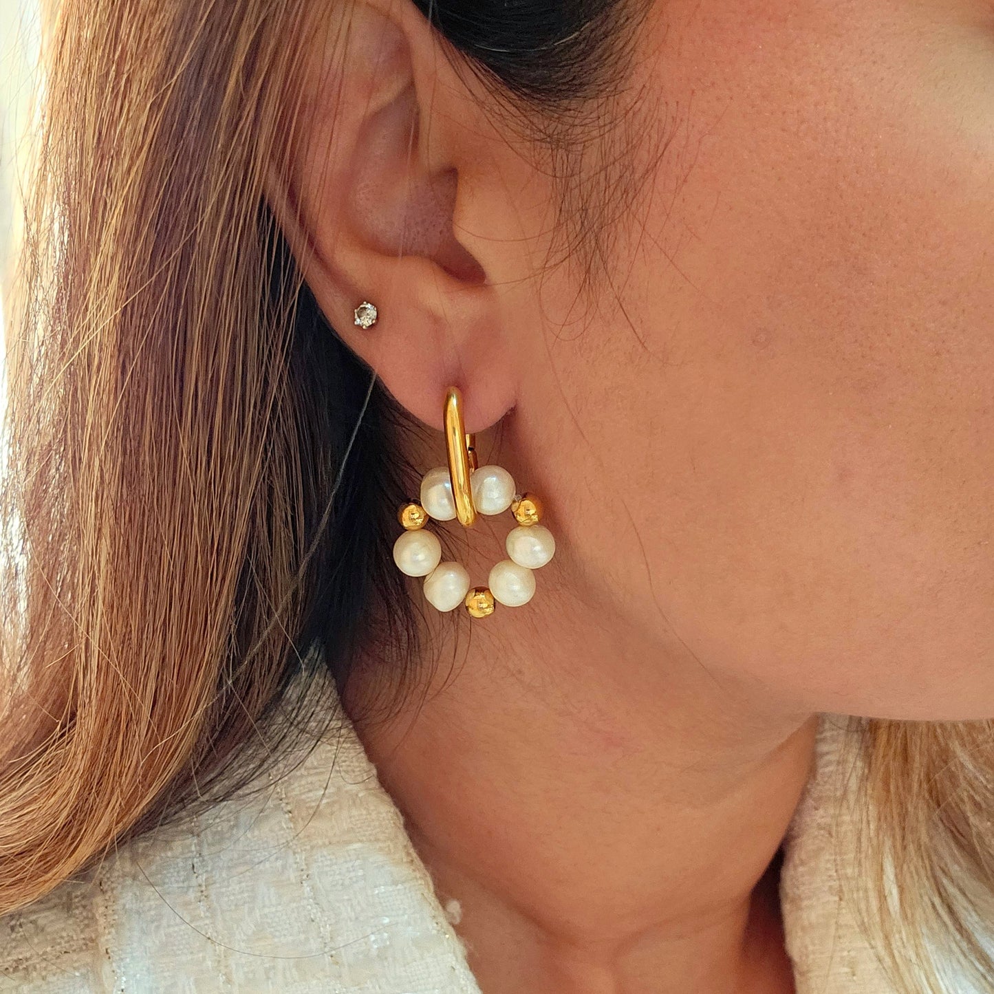 Gold Freshwater Pearl Beaded Hoop Earrings-2 taahirajewellery