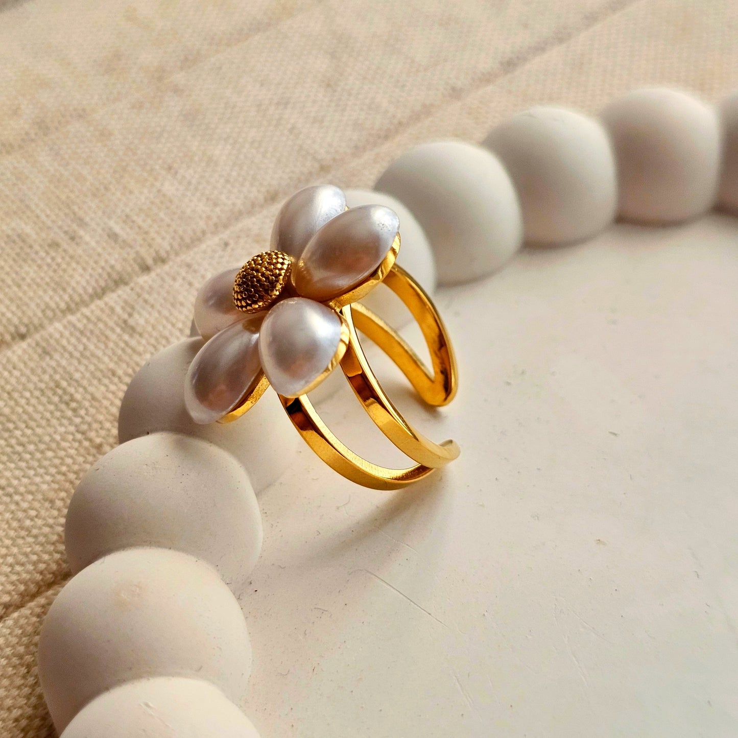 Bold Pearl Flower Adjustable Ring-3 taahirajewellery