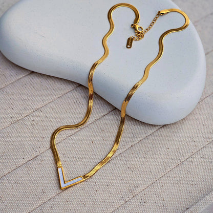 Dainty V Shape Snake Necklace - Pearl-1  taahirajewellery