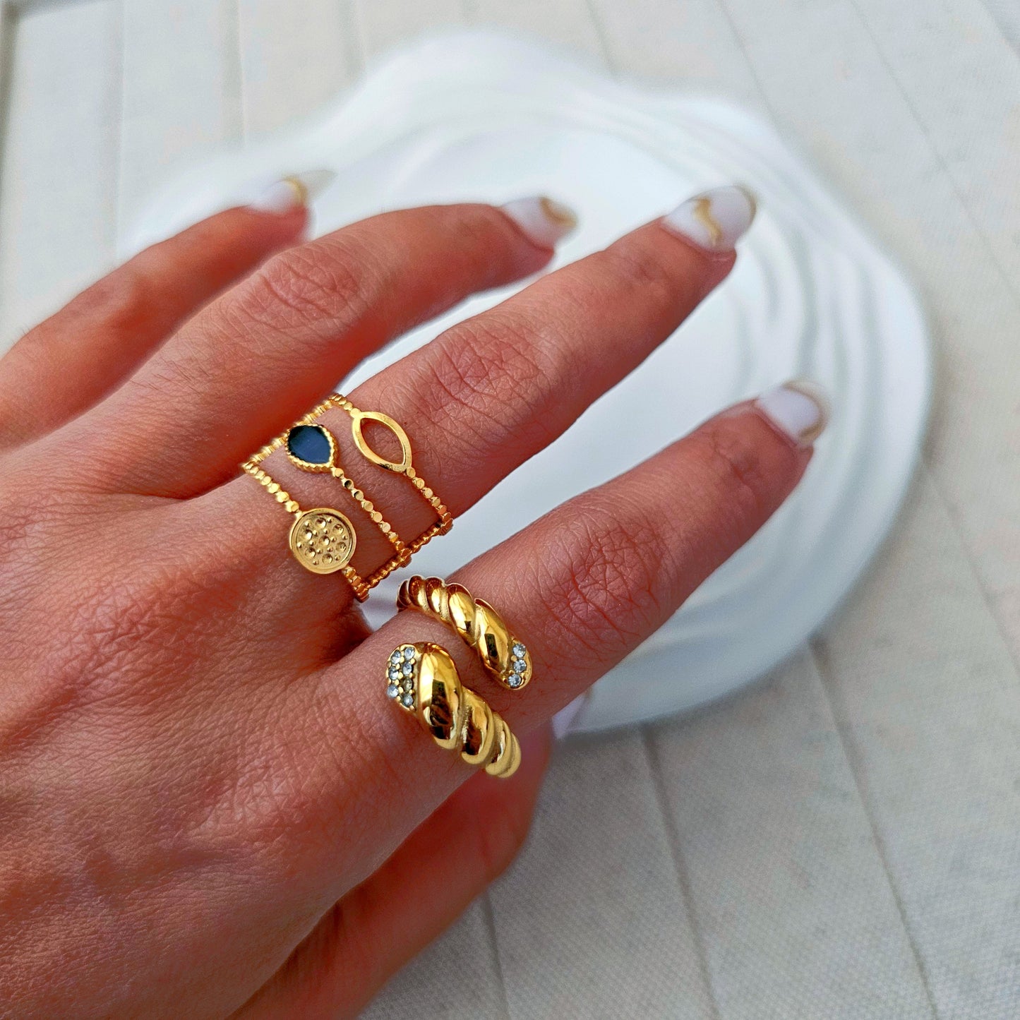 Dainty Gold Beaded French Adjustable Ring-4  taahirajewellery