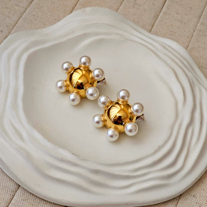 Round Shaped Gold Plated Pearl Earrings-3  taahirajewellery