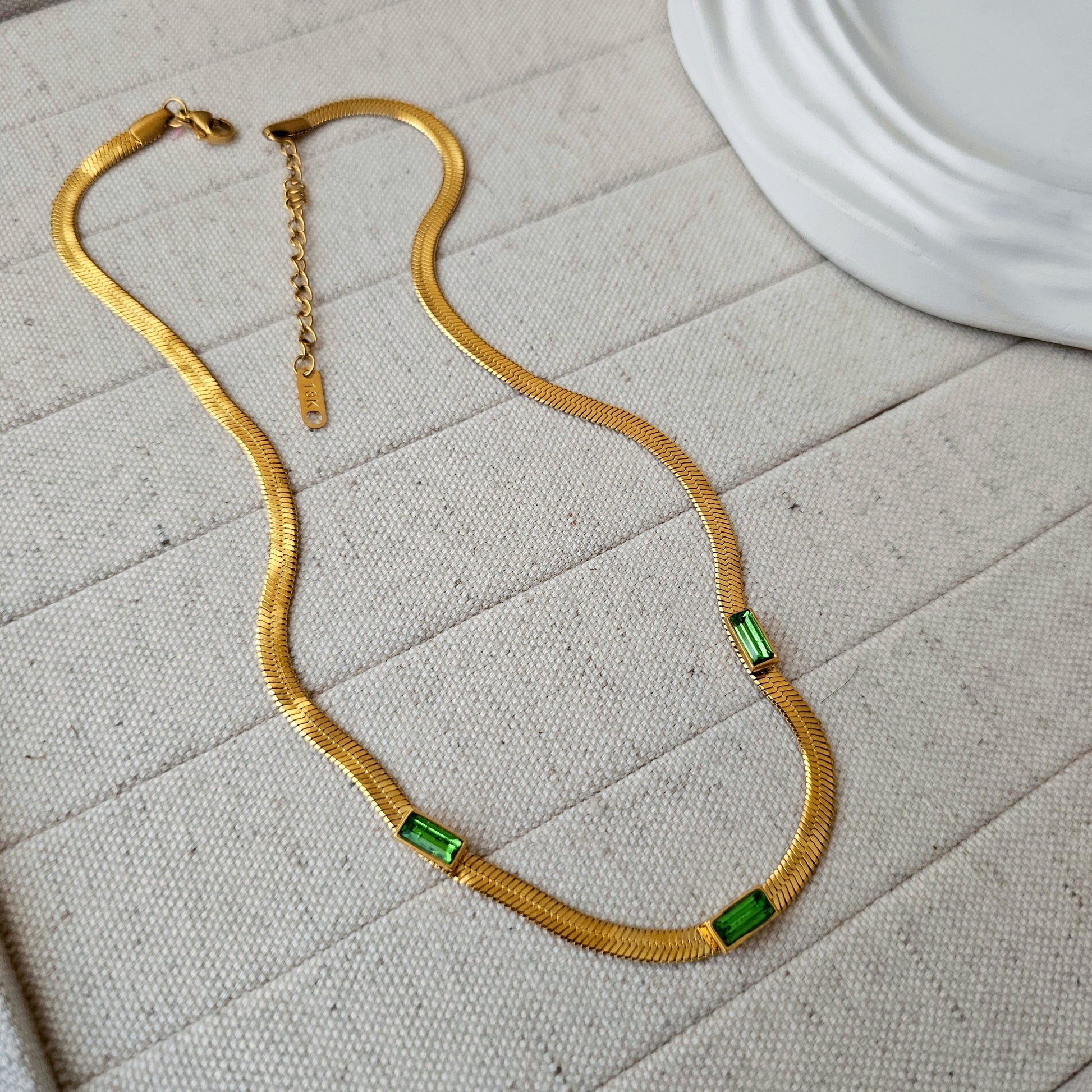 Gold Plated Green Stud Snake Necklace-3  taahirajewellery