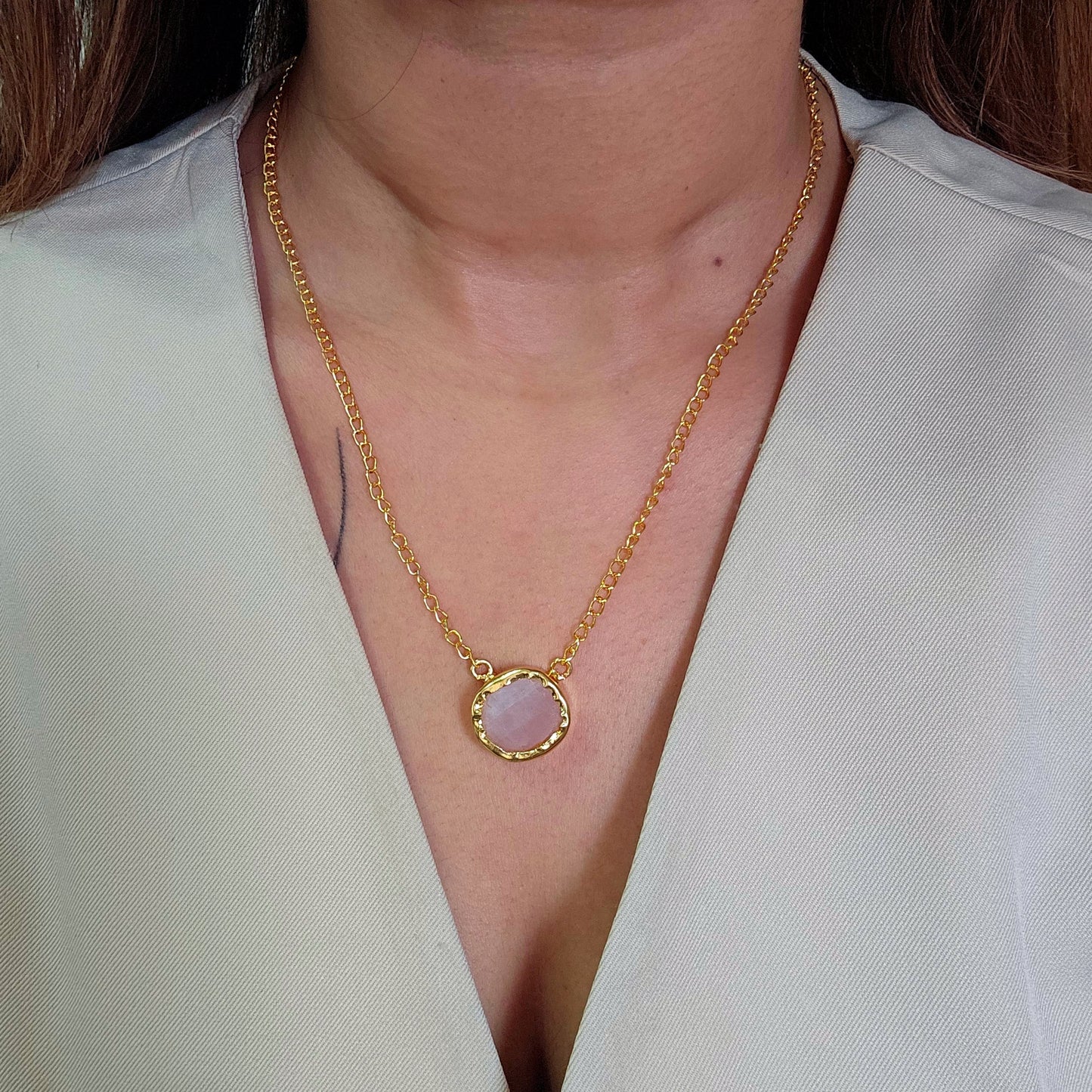 Rose Quartz Stud Brass Necklace-2  taahirajewellery