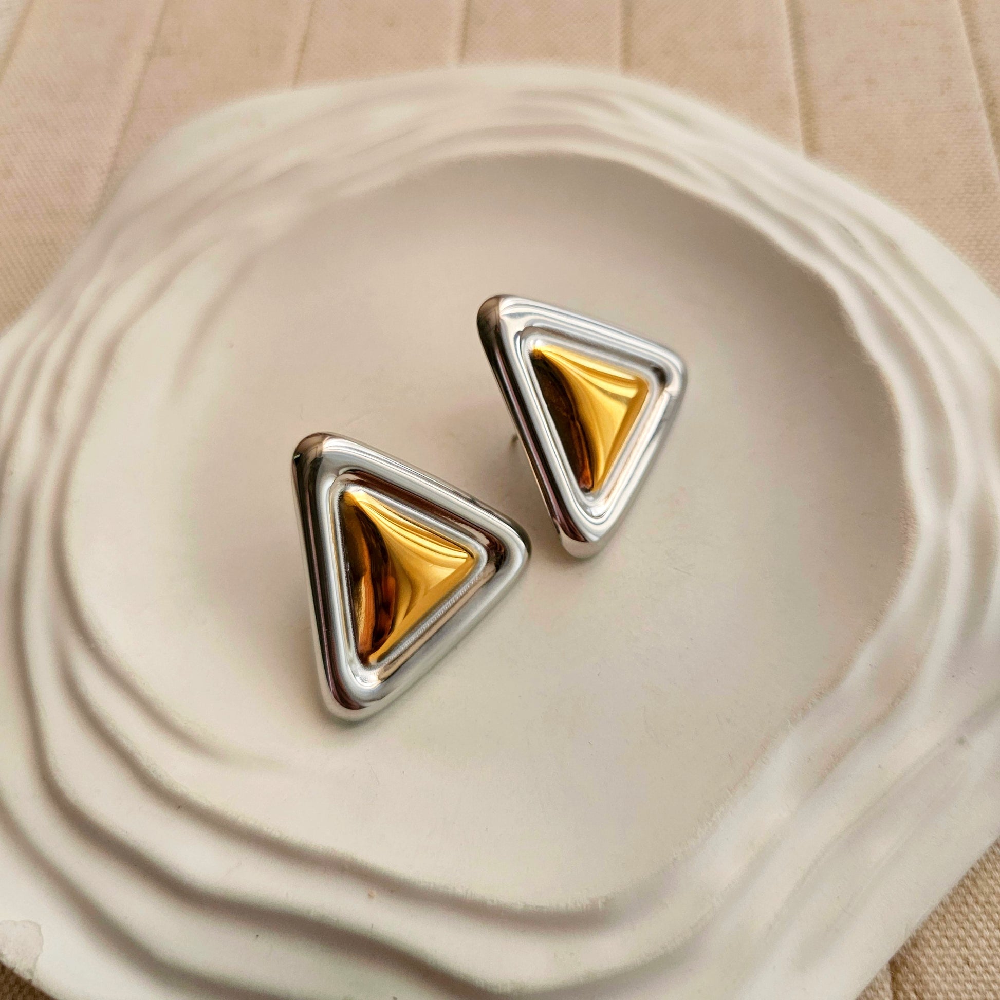 Triangle Silver Gold Earrings-3  taahirajewellery