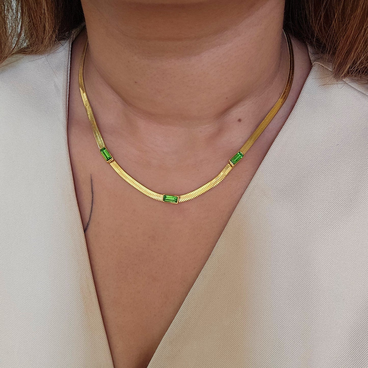 Gold Plated Green Stud Snake Necklace-1  taahirajewellery