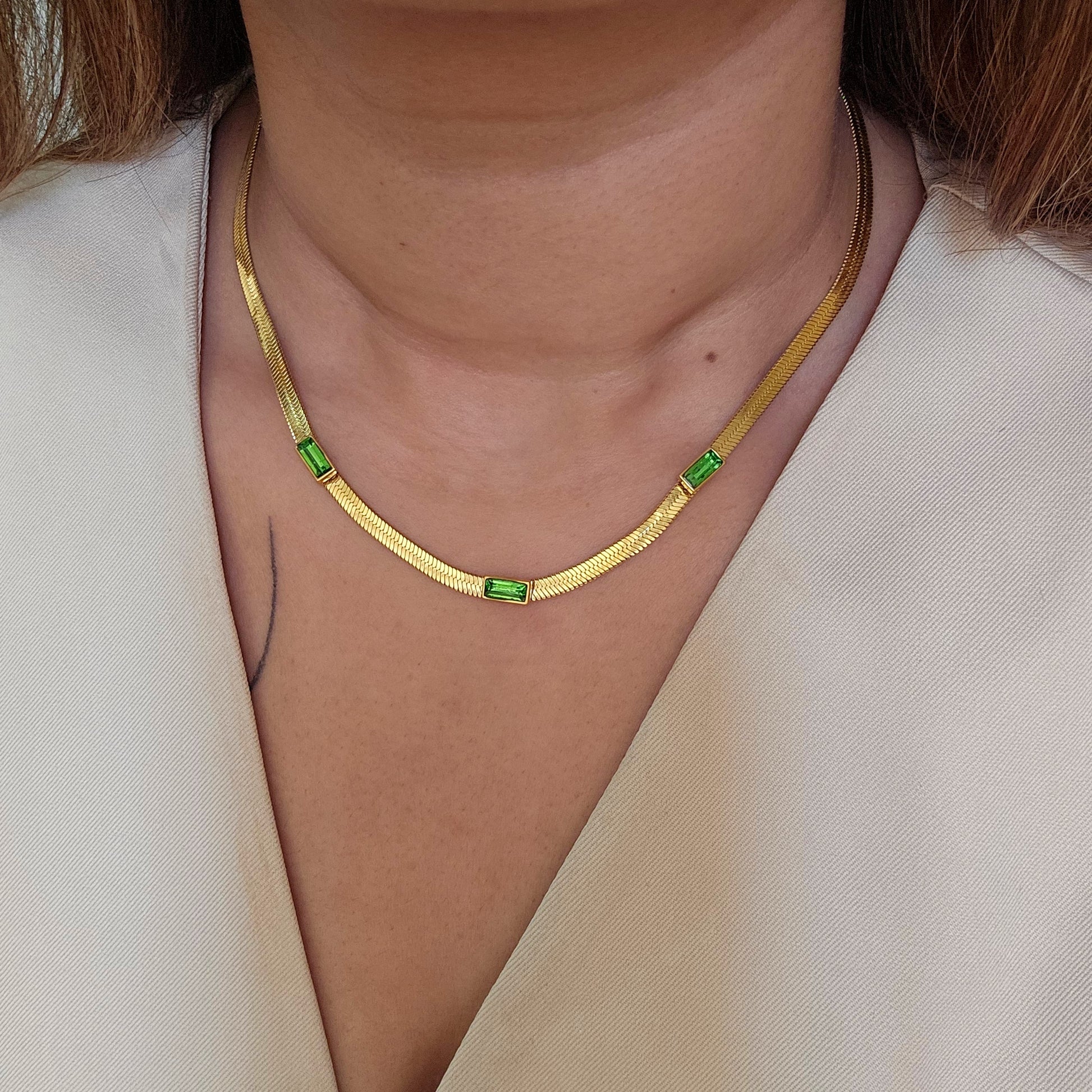 Gold Plated Green Stud Snake Necklace-1  taahirajewellery