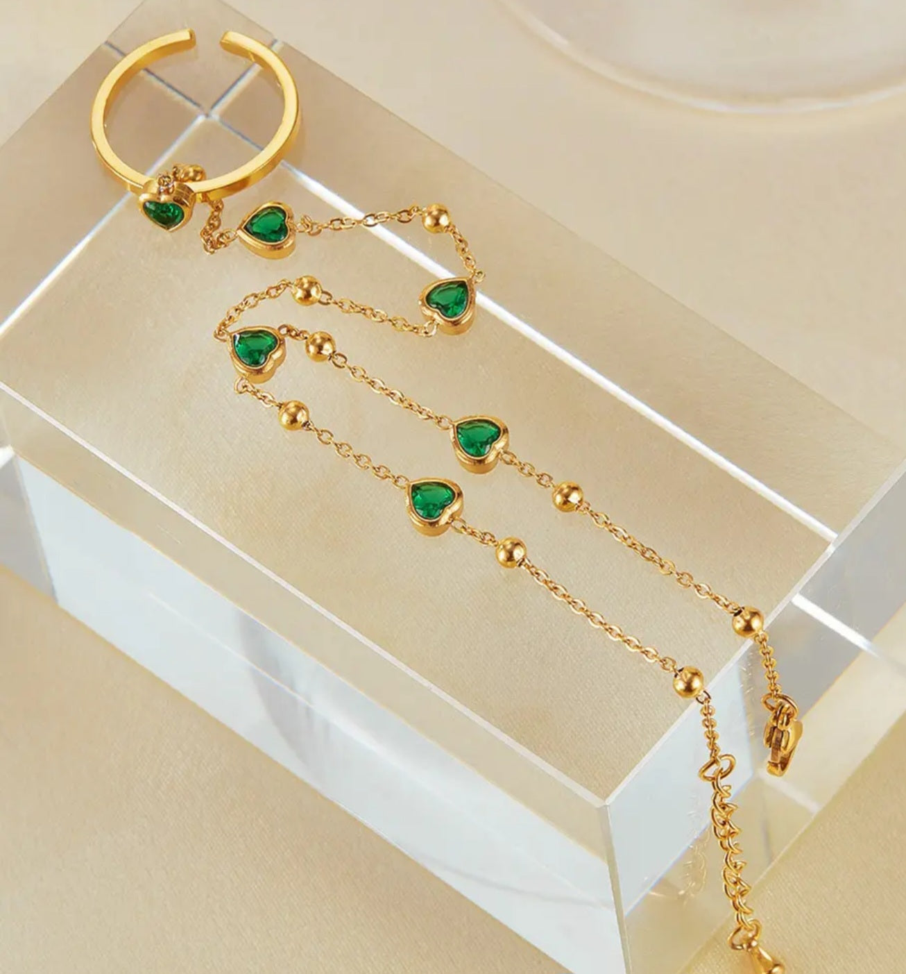 Love Heart Emerald Ring Bracelet